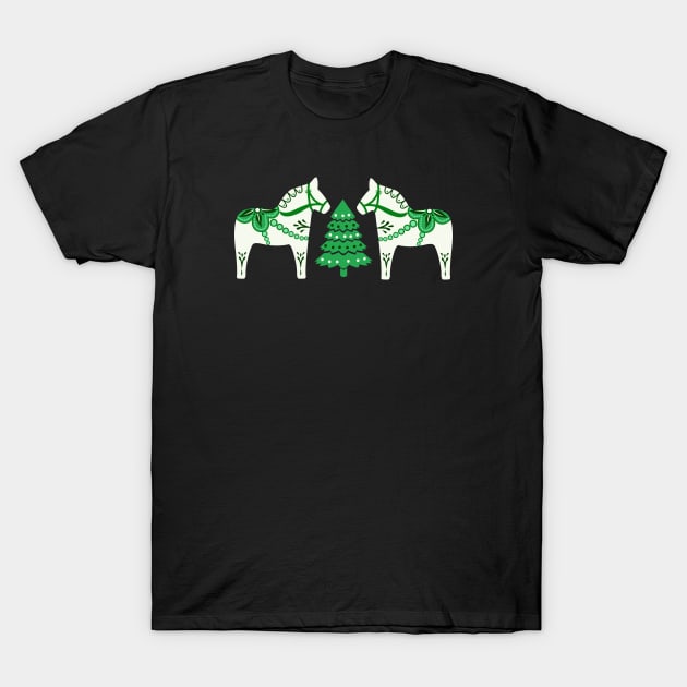 Christmas Dala Horse in green T-Shirt by Jennifer Ladd